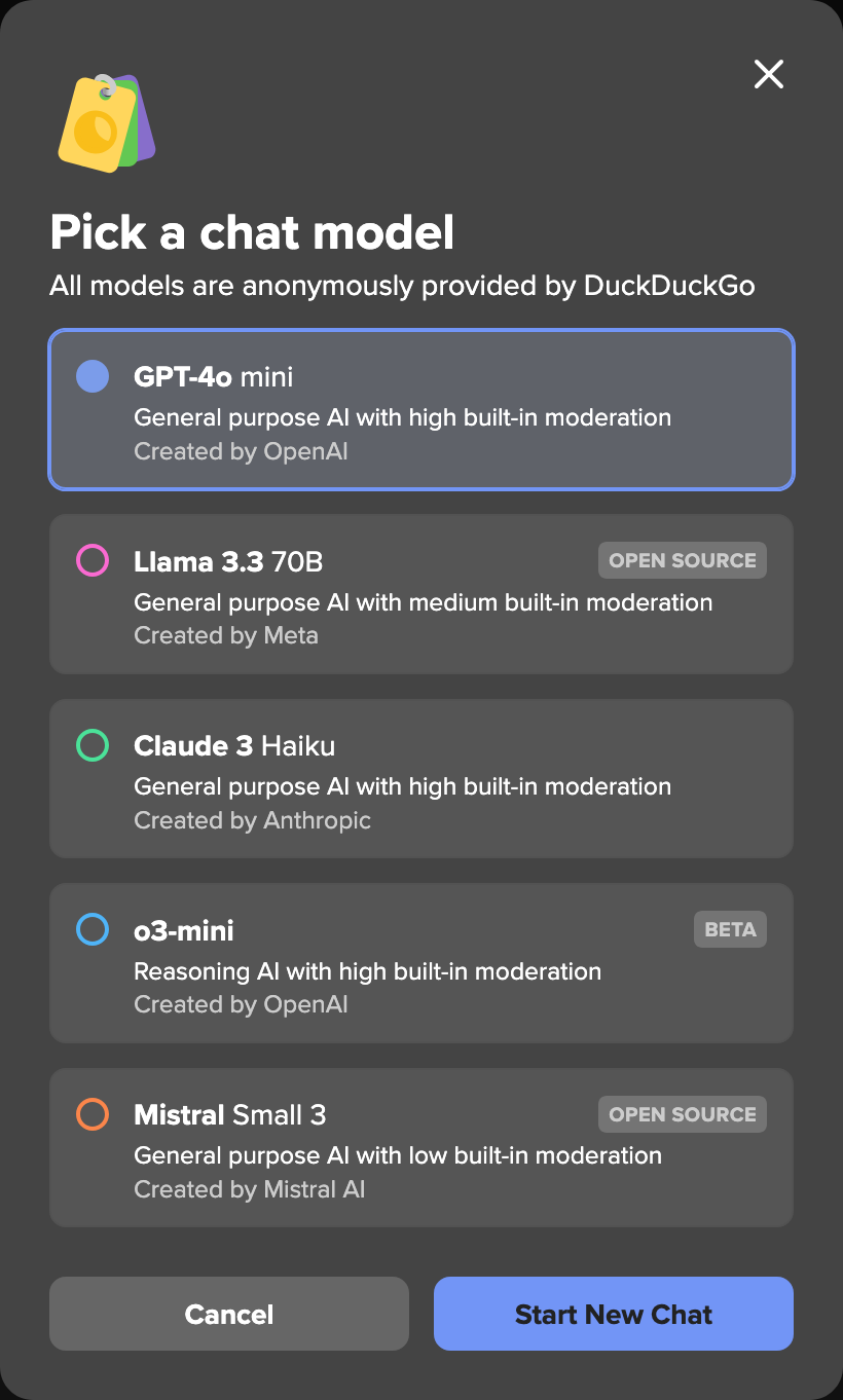 List of models duck.ai provides